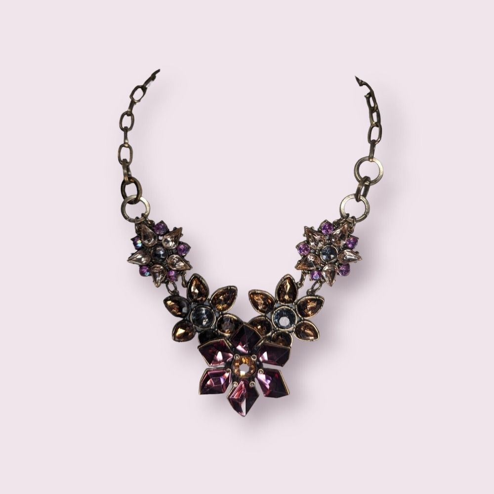 MULTICOLOR ACRYLIC STONES GOLDEN FLOWER LINKS RENAISSANCE STYLE CHOKER NECKLACE - Picture 8 of 10
